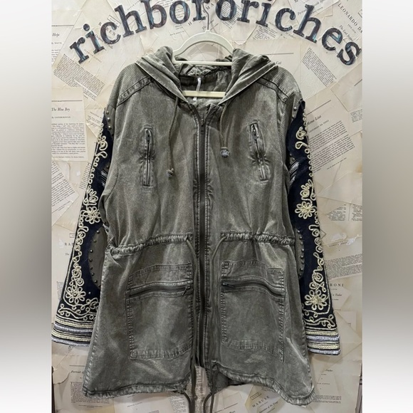 Free People Golden Quills Military Parka Hooded Embellished Sleeves Olive Army - Picture 8 of 9